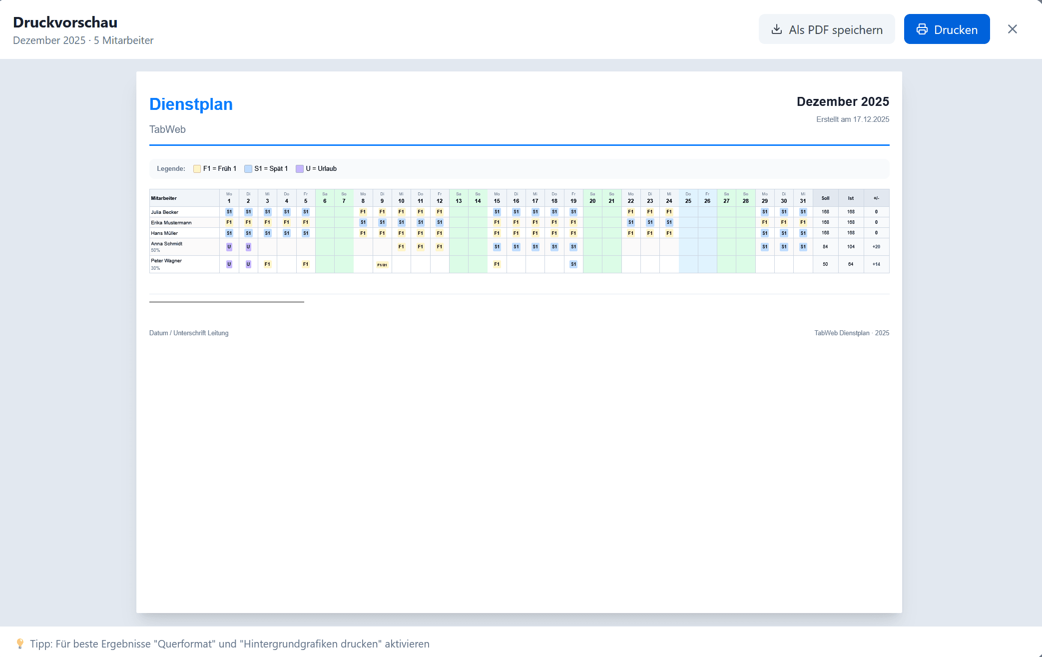 TabWeb Dienstplan Druck